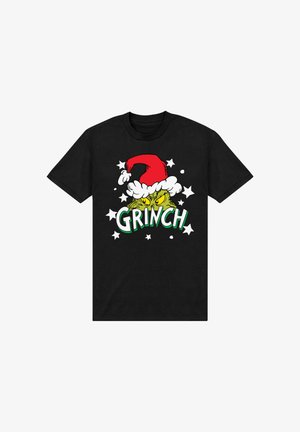 T-shirt in cotone nero con una grafica di un personaggio verde che indossa un cappello di Babbo Natale rosso, accompagnato dalla parola "GRINCH" in lettere verdi in grassetto e stelle bianche.