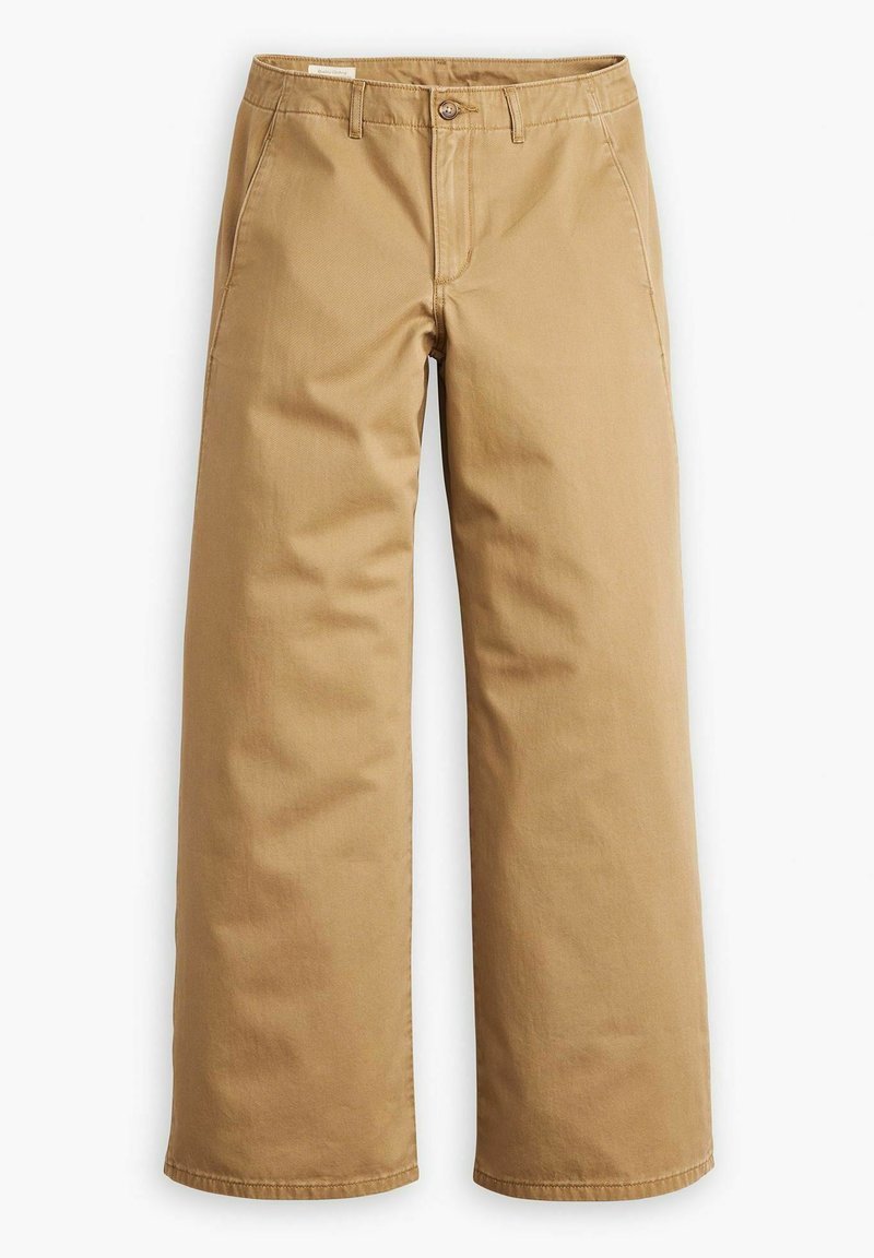 Pantaloni larghi color sabbia realizzati in cotone, con chiusura anteriore a bottone, tasche laterali e un design pulito e semplice senza decorazioni.