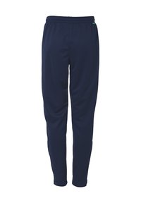 Marineblaue Sporthosen aus weichem Stoff, mit einem elastischen Bund und tapered Beinen, ohne sichtbare Muster oder Metallteile.