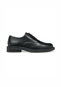 Elegante scarpa Oxford in pelle nera con finitura liscia, dettagli brogue, chiusura con lacci e suola in gomma leggermente sollevata.