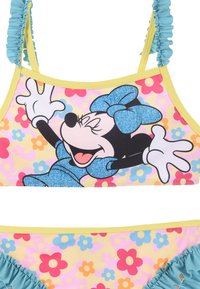 Girls' two-piece swimsuit in pastel colors with floral pattern. Features ruffled straps and a glittery design of a character on the top.