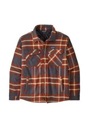 Camicia di flanella con motivo a quadri arancione, grigio e bianco. Presenta due tasche sul petto, chiusura con bottoni e collo classico. Morbido al tatto.