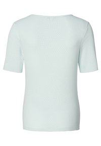 T-shirt à manches courtes, vert menthe, avec une texture lisse et un motif de côtes diagonales ; présente un col rond large et une coupe ajustée.
