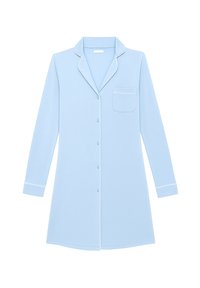 Ljusblå långärmad nattskjorta med vit piping, knappstängning framtill, öppen krage och en enda bröstficka mot en vit bakgrund.