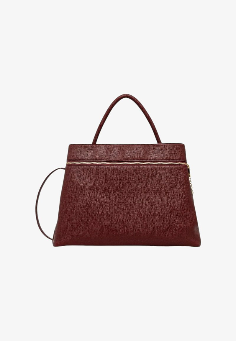 Borsa a tracolla in pelle rossa con una texture liscia, dotata di chiusura superiore con cerniera e una tasca laterale. Manici robusti per un facile trasporto.
