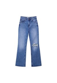 Blue denim jeans with a high waist, wide legs, and a distressed knee detail. The fabric has a soft texture with a classic five-pocket design.