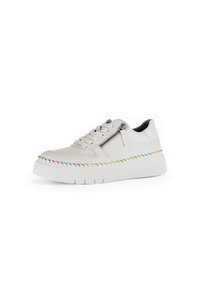 White leather sneaker with flat laces, side zipper, and colorful braided detail on the sole. Thick rubber outsole with ribbed texture.