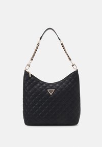 Borsa a spalla nera trapuntata con tracolla a catena e distintivo logo triangolare. Texture liscia e forma arrotondata, con dettagli in metallo dorato.