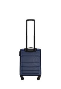Navy hard shell suitcase with a textured surface, two black wheels, adjustable telescopic handle, and a compact rectangular shape.