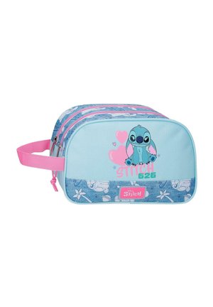 Neceser de Disney Stitch de color azul claro y rosa con compartimentos dobles con cremallera, asa para llevar y gráfico de Stitch animado con corazones.
