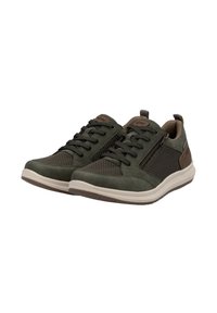Dark green sneakers with mesh panels, textured suede sections, round laces, and a beige sole. Features a side zipper for easy access.
