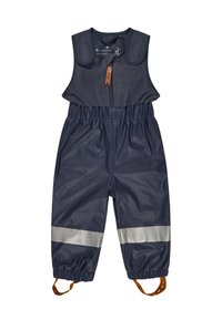 Marineblauer wasserdichter Overall mit Fleece-Oberteil, elastischem Bund, silbernen reflektierenden Streifen an den Beinen und verstellbaren braunen Trägern.