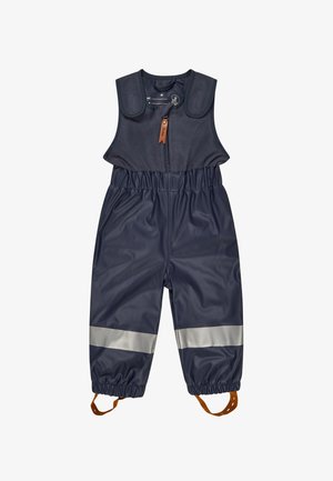 Marineblauer wasserdichter Overall mit Fleece-Oberteil, elastischem Bund, silbernen reflektierenden Streifen an den Beinen und verstellbaren braunen Trägern.