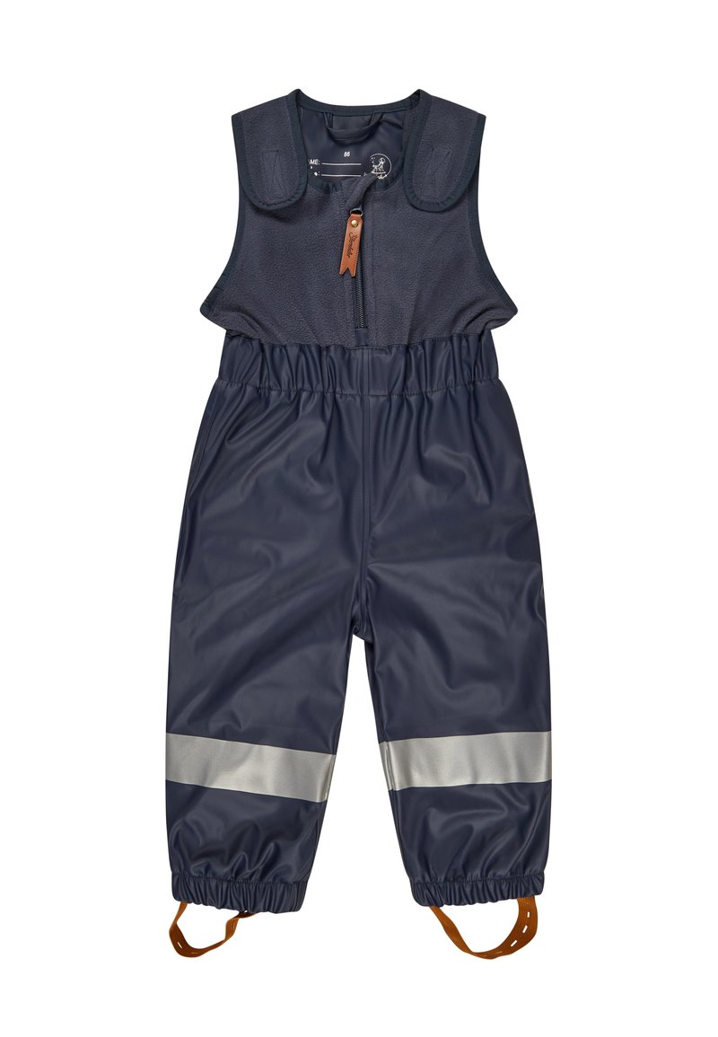 Marineblauer wasserdichter Overall mit Fleece-Oberteil, elastischem Bund, silbernen reflektierenden Streifen an den Beinen und verstellbaren braunen Trägern.