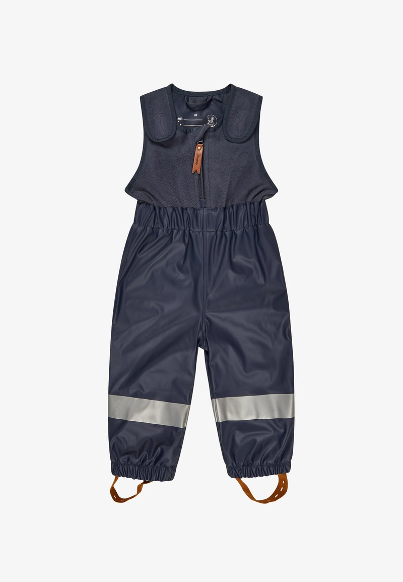 Marineblauer wasserdichter Overall mit Fleece-Oberteil, elastischem Bund, silbernen reflektierenden Streifen an den Beinen und verstellbaren braunen Trägern.