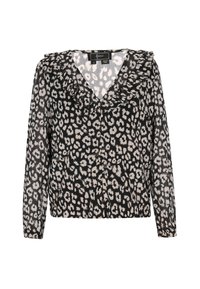 Blusa nera trasparente con un motivo a stampa leopardata in tonalità crema, caratterizzata da un profondo scollo a V e dettagli arricciati lungo il collo e le maniche.