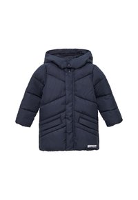 Marineblauer Steppjacke mit Kapuze, versehen mit einem gesteppten Design, Druckknöpfen und zwei vorderen Taschen mit diagonalen Akzenten.