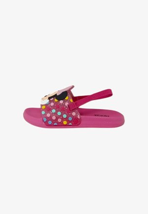 Sandalo rosa per bambini con pois colorati e volto di cartone animato sulla cinghia, dotato di fascia elastica posteriore sul tallone per supporto.