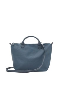 Modra usnjena torbica s zaobljenim vrhom, dvema kratkima ročajema in snemljivim naramnico. Gladka tekstura z minimalno opremo.