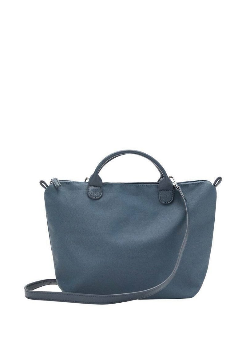 Modra usnjena torbica s zaobljenim vrhom, dvema kratkima ročajema in snemljivim naramnico. Gladka tekstura z minimalno opremo.