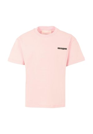 T-shirt rose à manches courtes en coton avec un col rond. Présente un logo noir "msgm" sur la zone de la poitrine gauche. Coupe classique.