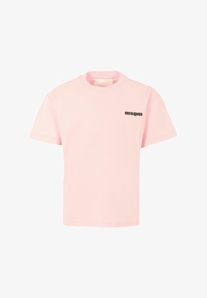 Roze t-shirt met korte mouwen van katoen met een ronde hals. Kenmerkt zich door een zwart "msgm" logo op de linkerkant van de borst. Klassieke pasvorm.