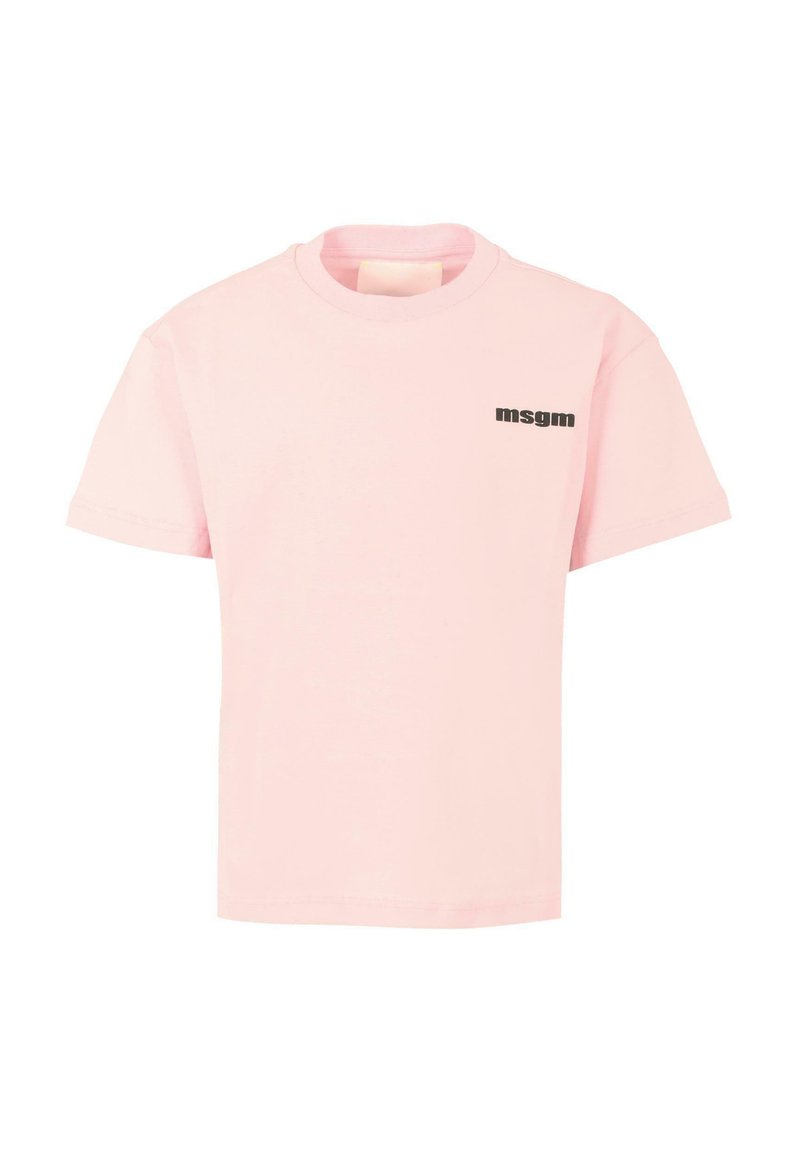 Roze t-shirt met korte mouwen van katoen met een ronde hals. Kenmerkt zich door een zwart "msgm" logo op de linkerkant van de borst. Klassieke pasvorm.