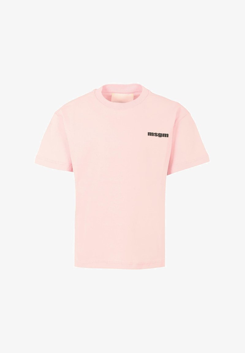 Roze t-shirt met korte mouwen van katoen met een ronde hals. Kenmerkt zich door een zwart "msgm" logo op de linkerkant van de borst. Klassieke pasvorm.