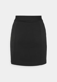 Svart stretchkjol med en figursydd silhuett, elastisk midjeresår och en slät textur. Har rena linjer och inga synliga knäppningar eller dekorationer.