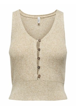 Top court côtelé beige avec un décolleté en V, doté de cinq boutons marron sur le devant et d'un ourlet ajusté. Texture tricot douce.