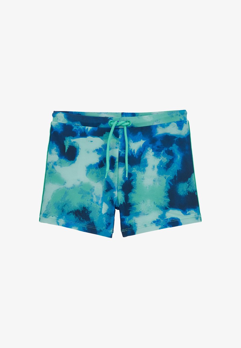 Zilas un zaļš peldšortus ar akvareļa rakstu, elastīgu jostasvietu, auklu un gludu, vieglu auduma tekstūru.