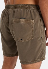 Hnědé šortky z látky s elastickým pasem, jedinou zadní kapsou a značkovou visačkou. Hladká textura s viditelnými detaily šití.