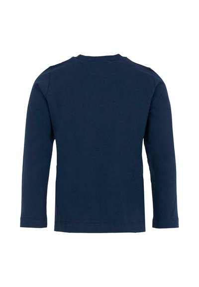T-shirt à manches longues bleu marine en coton, avec un col rond et un design simple sans motifs ni accents.
