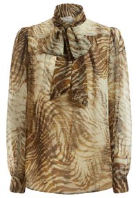 Luftige Bluse aus transparenter Stoff mit einem braun-beigen abstrakten Muster, hohem Kragen und einer großen Schleife am Kragen. Lange Ärmel.