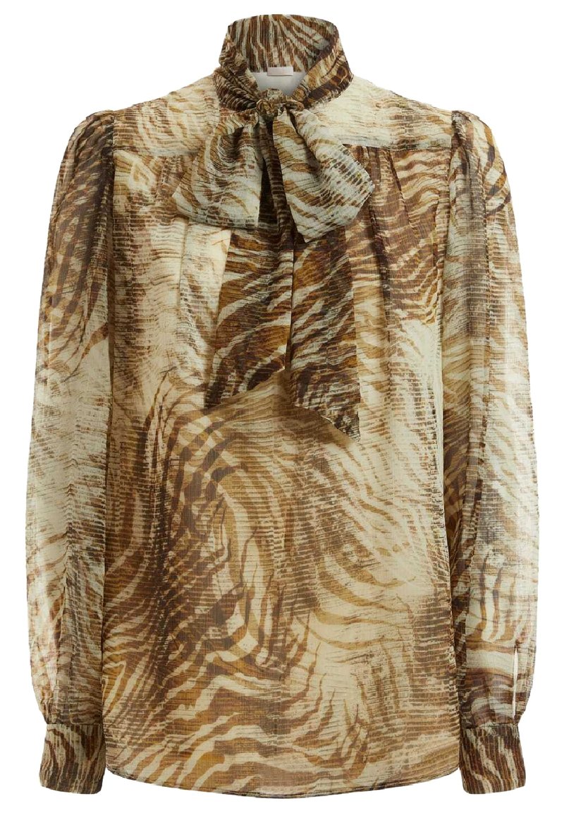 Luftige Bluse aus transparenter Stoff mit einem braun-beigen abstrakten Muster, hohem Kragen und einer großen Schleife am Kragen. Lange Ärmel.