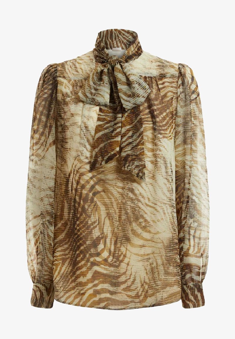 Luftige Bluse aus transparenter Stoff mit einem braun-beigen abstrakten Muster, hohem Kragen und einer großen Schleife am Kragen. Lange Ärmel.