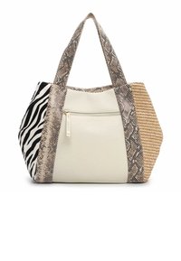 Torba typu tote wykonana z białej skóry, z fakturą imitującą wzór węża, paskami zebry oraz plecionymi akcentami ze słomy. Z przodu znajduje się kieszeń na zamek.
