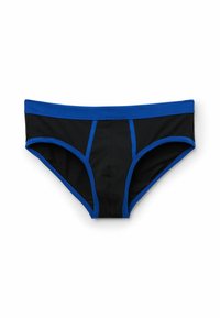 Schwarze Baumwollunterhose mit blauer elastischer Taille und Besatz. Hat eine glatte Textur und gestickte Details. Klassisches, minimalistisches Design.