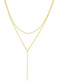 Halskette in Goldoptik mit zwei Lagen: einer zarten Perlenkette und einer längeren Kette mit einem Tropf-Pendant. Glatte Oberfläche, elegantes Design.