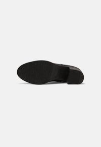 Semelle d'une chaussure de ville noire avec une semelle extérieure en caoutchouc texturée et un talon bloc, présentée sur un fond clair uni.