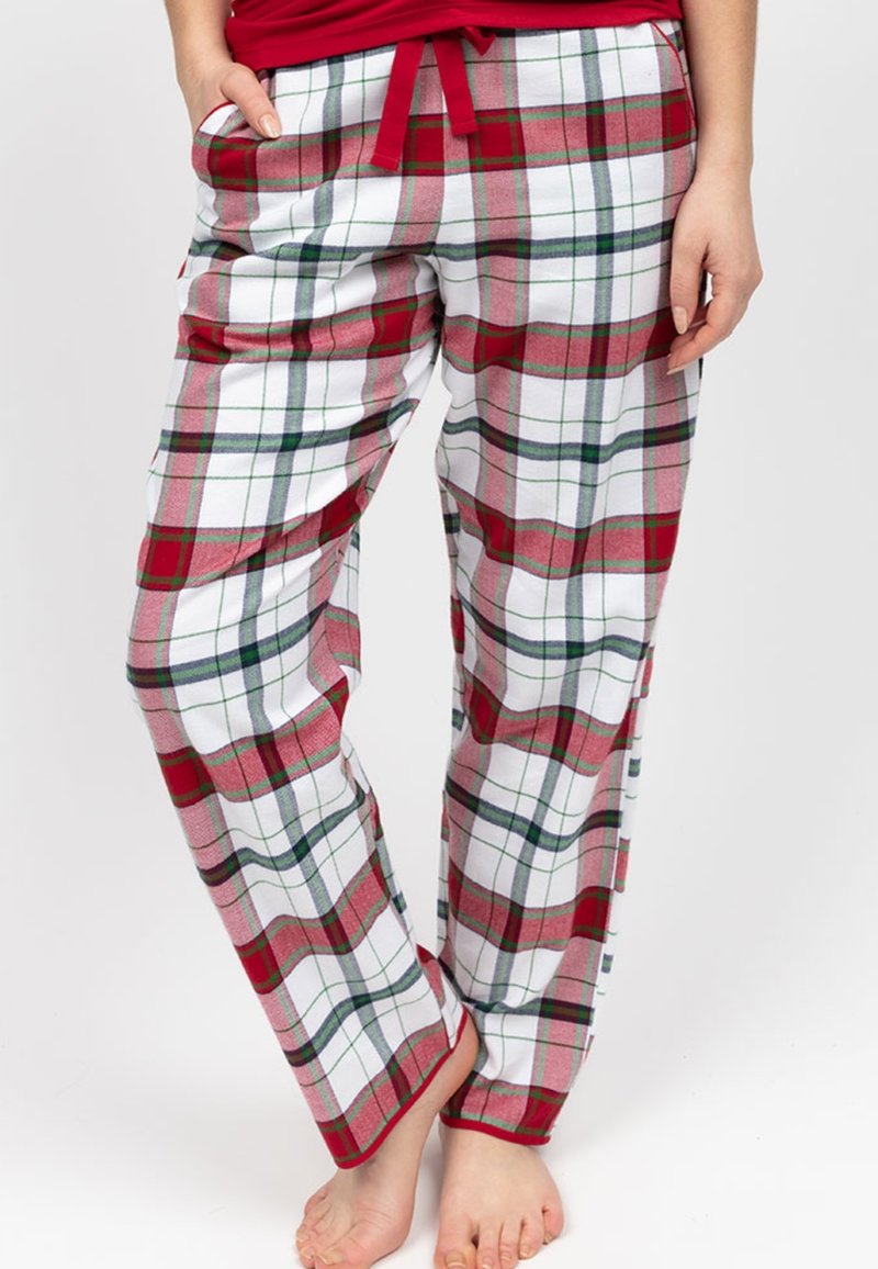 I pantaloni del pigiama a quadri presentano un motivo rosso, verde e bianco, con vita regolabile, tasche laterali e un tessuto morbido e leggero.