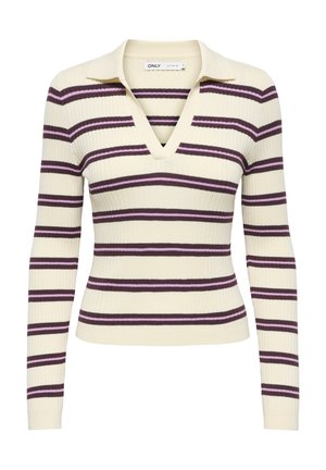Pull côtelé crème à manches longues, avec des rayures horizontales violettes et roses et un col en V profond, de la marque ONLY.