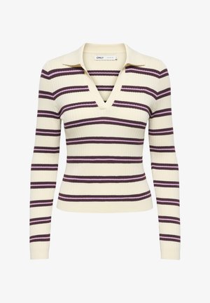 Pull côtelé crème à manches longues, avec des rayures horizontales violettes et roses et un col en V profond, de la marque ONLY.