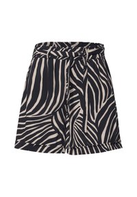 Shorts noirs et beiges à imprimé zèbre, avec une taille haute élastique et une ceinture en tissu assortie nouée devant.
