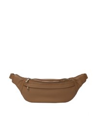 Braune Leder-Hüfttasche mit runder Form, ausgestattet mit einer Vorderreißverschlusstasche und einem verstellbaren Gurt. Glatte Oberfläche mit dezenten Nähdetails.
