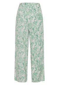 Pantalones de pierna ancha con una tela ligera de fondo blanco y un patrón floral verde. Cintura elástica para mayor comodidad.