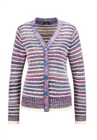 Gestreepte cardigan van breiwerk, met tinten roze, blauw en wit. Inclusief blauwe knopen en ribbels aan de mouwen en onderrand.