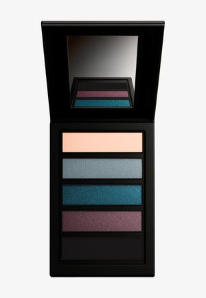 Oogschaduwpalette in een vierkant zwart doosje met een spiegel; bevat vijf tinten: licht perzik, lichtblauw, teal, pruim en zwart.