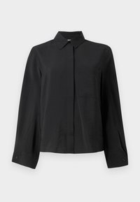 Svart skjorta med knappar, krispig krage, långa ärmar, en bröstficka och textil med struktur. Har en rak passform och manschettdetaljer.
