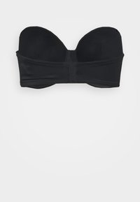 Svart bandeau-bh med formgjutna kupor, slät yta och ett säkert bakfäste. Enkelt design, lämplig för olika kläder.